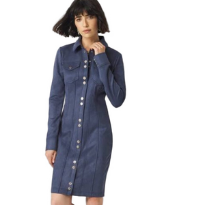 NEW WHITE HOUSE BLACK MARKET Long Sleeve Faux Suede Shacket Dress Size 0 Blue